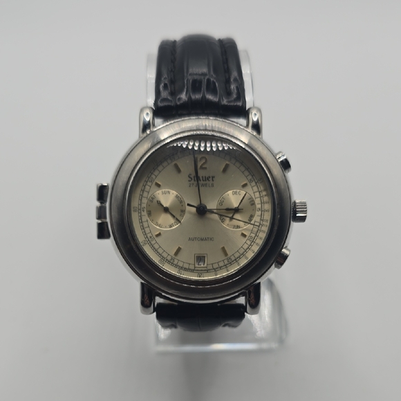 Vintage Stauer Automatic Silver Watch with Black Leather Strap